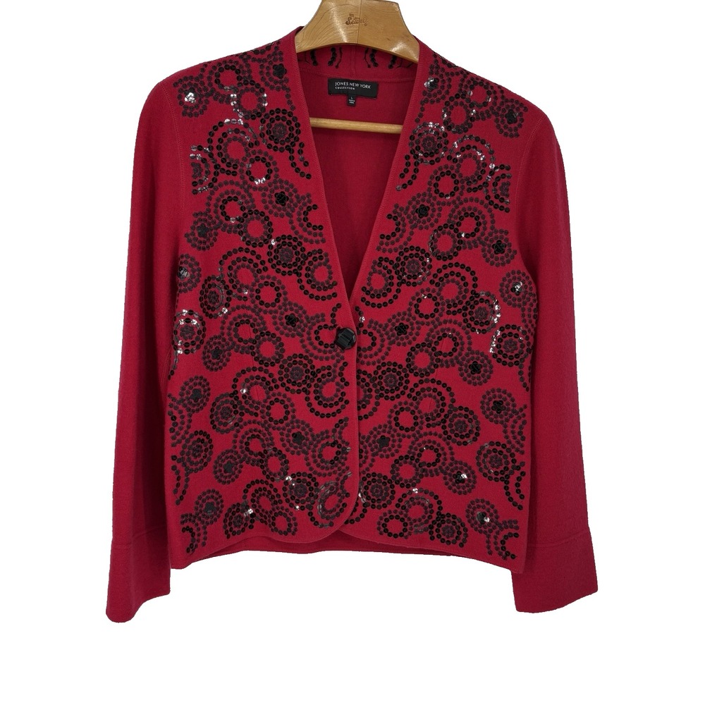 Jones New York Womens Merino Wool Cardigan Sweater L Red Sequined Holiday Luxury